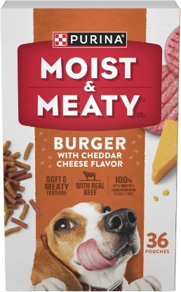 Picture of Purina Moist & Meaty Soft Dog Food Pouches, 36 ct | Burger With Cheddar Cheese Flavor adult dog food, made with real beef, individual pouches, no-mess meal or tasty treat