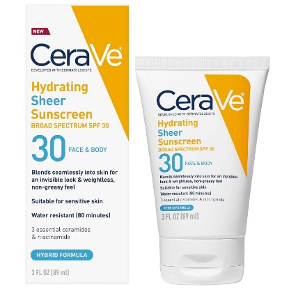 Picture of CeraVe Hydrating Sheer Sunscreen SPF 30 with Hyaluronic Acid, 3oz | Mineral and Chemical Sunscreen For Face and Body with Zinc Oxide & Ceramides, Fragrance-Free & Paraben-Free