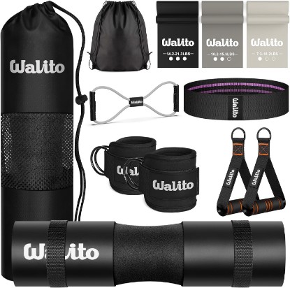 Picture of Barbell Pad Set 11 PCS for Hip Thrusts - Gym Accessories for Women Men | Hip Thrust Pad with Ankle Straps, Resistance Bands, Booty Bands, Cable Handles, Figure 8 Resistance Band & Carry Bag ISCC PLUS