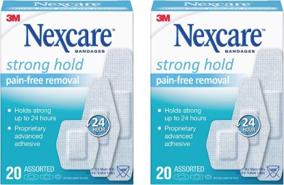 Picture of Nexcare Strong Hold Pain-Free Removal Bandages, Assorted Sizes, 20 Count (Pack of 2) – Hypoallergenic, Gentle Adhesive Bandages
