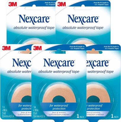 Picture of Nexcare Absolute Waterproof First Aid Tape 1.00 Inch x 5 yd (5 Rolls) – Strong Adhesive Medical Tape for Wound Care, Flexible for Active Use