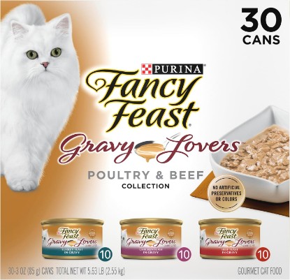 Picture of Purina Fancy Feast Gravy Lovers Wet Cat Food, 3 oz Cans, 30-Pack | Variety Pack with poultry and beef grilled gourmet recipes, made with no artificial colors or preservatives
