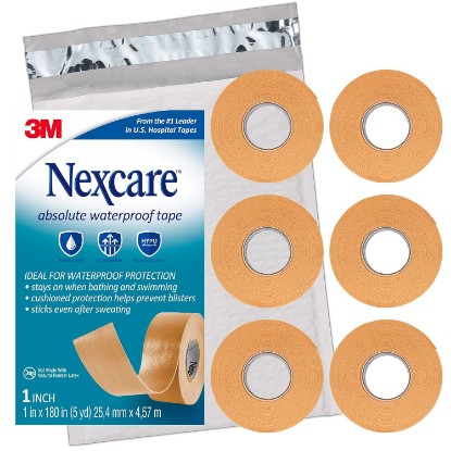 Picture of Nexcare Absolute Waterproof Tape, Flexible Foam Medical Tape, Secures Dressing and Keeps Wounds Dry - 1 In x 5 Yds, 6 Rolls of Tape
