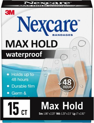 Picture of Nexcare Max Hold Waterproof Bandages, Stays On for 48 Hours, Flexible Bandages for Fingers, Knees and Heels - 15 Pack Clear Waterproof
