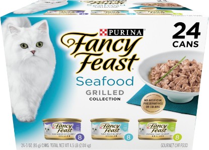 Picture of Purina Fancy Feast Grilled Seafood Wet Cat Food, 3 oz Cans, 24-Pack | Variety Pack, crafted with real seafood in savory gravy. Made with no Artificial Colors or Preservatives.