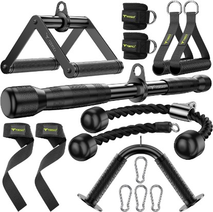 Picture of Cable Attachments for Gym, LAT Pulldown & Cable Machine Attachment Set: V-Shaped Bar, Rotating Straight Bar, V Rotation Handle, Nylon Tricep Rope, Ankle Straps & Handles, Home Gym