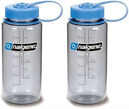 Picture of Nalgene Tritan 16oz Plastic Water Bottle Gray w/Blue Cap | Wide Mouth, 2-Pack