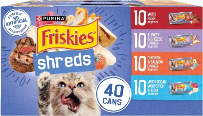 Picture of Purina Friskies Wet Cat Food Variety Pack, Shreds, 40 Pack 5.5 oz Cans | Beef, turkey and cheese, chicken and salmon, and ocean whitefish and tuna recipes in savory gravy