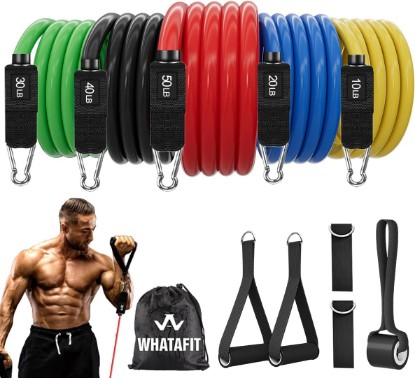 Picture of WHATAFIT Resistance Bands with Handles, 5-Level Exercise Bands for Workout | Natural latex,10-50 lbs, stackable to 150,Ankle Straps, Door Anchor,Guide. For Strength, Yoga,Home Gym,Travel & Workout. Global Recycled Standard
