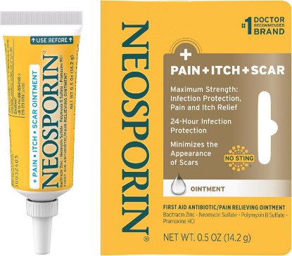 Picture of Neosporin Pain, Itch & Scar Triple Antibiotic Ointment, 0.5 oz | 24-Hour Infection Protection, First Aid for Minor Wounds, Maximum Strength Pain & Itch Relief, Minimize Appearance of Scars GreenCircle Sustainable Energy Practices