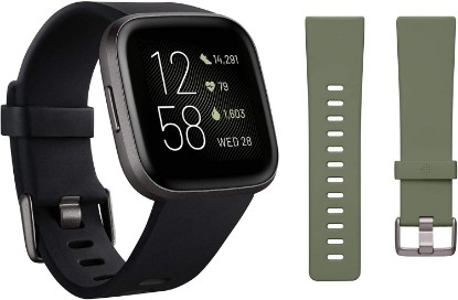 Picture of Fitbit Versa 2 Smartwatch Carbon (Black) with Bonus Bands (Olive)