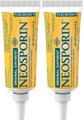 Picture of Neosporin Original First Aid Antibiotic Ointment with Bacitracin Zinc for Infection Protection, Wound Care Treatment & Scar Appearance Minimizer for Minor Cuts, Scrapes and Burns,.5 oz (Pack of 2)
