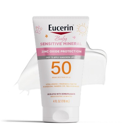 Picture of Eucerin Sun Sensitive Mineral Baby Sunscreen Lotion SPF 50 with Zinc Oxide Protection, Hypoallergenic Mineral Sunscreen for Babies, Tear Free and Fragrance Free, 4 Fl Oz Tube