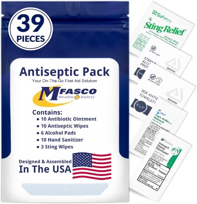 Picture of MFASCO Antiseptic Wound Care Travel Pack | 39 Piece First Aid Kit Refill | BZK, Antiseptic Wipes, Sting Relief, Wound Ointment | Essential First Aid Supplies | Refill Personal First Aid Kits