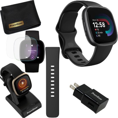 Picture of Fitbit Versa 4 Health and Fitness Smart Watch (Black/Graphite) with Built-in GPS, 6 Day Battery Life, S & L Bands, Bundle with 3.3foot Charge Cable, Wall Adapter, Screen Protectors & PremGear Cloth
