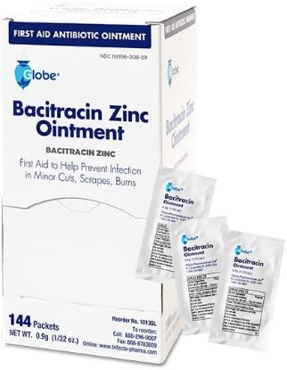 Picture of Globe Bacitracin Zinc Ointment, 144 Pack, Single Use Packets, 0.9 g | Bacitracin Zinc Formula, Minor Cuts and Scrapes Care, Individual Packets, Travel Size Supply, First Aid Kit Storage