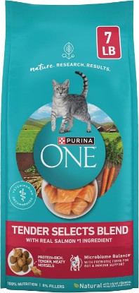 Picture of Purina ONE Tender Selects Dry Cat Food, Salmon, 7 lb Bag | Real salmon is the #1 ingredient made with carrots, peas, vitamins A and E for bright eyes, strong muscles and digestion