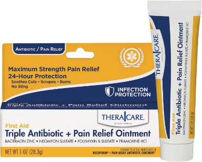 Picture of TheraCare Triple Antibiotic & Pain Relief Ointment, 1 oz | Dual Action Wound Care for Minor Scrapes and Cuts, First Aid, Bacitracin, Neomycin & Polymyxin B