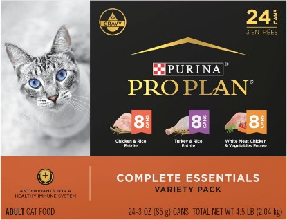 Picture of Purina Pro Plan Complete Essentials Wet Cat Food Variety, (24) 3 oz Cans | Chicken & Rice, Turkey & Rice, and White Meat Chicken & Vegetables Entrees, with antioxidants for healthy immune system