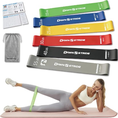 Picture of 6-Level Resistance Loop Bands Up to 55LBS for PT & Strength | Color-coded, tear-resistant, quick rebound. Tracker card, bag & guide. Yoga, Pilates, home, travel & gym.