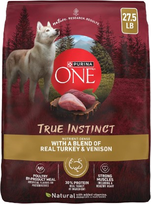 Picture of Purina ONE True Instinct Dry Dog Food, Real Turkey & Venison, 27.5 lb Bag | Nutrient dense, with 30% protein to help support strong muscles, natural with added vitamins, minerals and nutrients