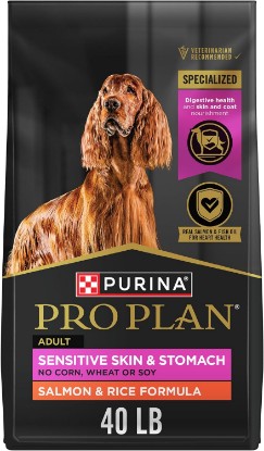Picture of Purina Pro Plan Sensitive Skin and Stomach Dog Food Dry, Adult Salmon & Rice Formula, Digestive Health - 40 lb. Bag | Real Salmon & Rice Formula, with prebiotic fiber, easily digestible with omega-6 fatty acids for a healthy skin and coat