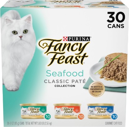 Picture of Purina Fancy Feast Seafood Classic Pate Variety Pack, 3 oz Cans, 30-Pack | Grain free wet cat food made with no artificial colors or preservatives, 100 percent complete and balanced