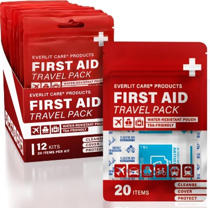Picture of EVERLIT CARE Travel Bandage Pack | 12 Individual Packets, Bulk Portable Mini First Aid Kit with 20 On-the-Go Essentials | Compact Water-Resistant Reusable Pouch to Clean, Cover & Protect