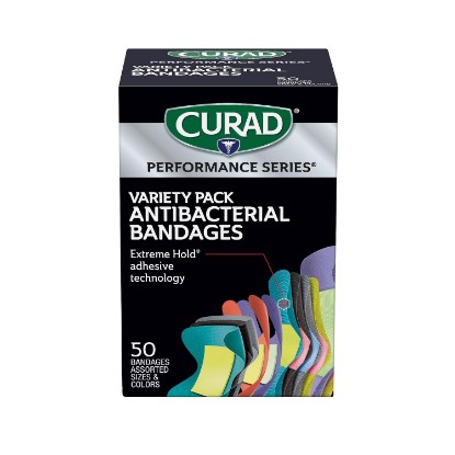 Picture of Curad Performance Series Antibacterial Bandages, Extreme Hold Adhesive Technology, Finger & Knuckle Bandages, Flexible Fabric, Variety Pack with Assorted Sizes & Colors, 50 Count