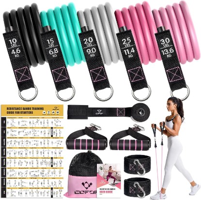 Picture of Resistance Bands with Handles for Women, 5 Level Exercise Bands | Workout Bands for Physical Therapy, Yoga, Pilates, Door Anchor, Storage Pouch, Training Poster