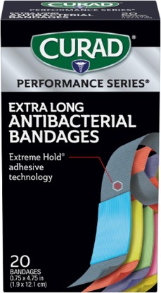 Picture of Curad Performance Series Antibacterial Bandages, Extreme Hold Adhesive Technology, Extra Long Flexible Fabric Bandages for Cuts, Scrapes, & Burns, Assorted Colors, 0.75 x 4.75 inches, 20 Count | 0.75 in x 4.75 in, Extreme Hold Adhesive Technology, Flexible Fabric Bandages for Cuts, Scrapes and Burns, Assorted Colors,