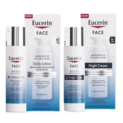 Picture of Eucerin Face Immersive Hydration Skin Care Set Variety Pack, 2 x 2.5 FL OZ | One Each: Daily Face Lotion with SPF 30 and Night Cream with Hyaluronic Acid, Improves the Look of Fine Lines and Wrinkles