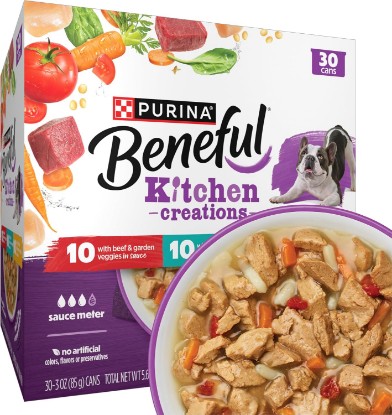 Picture of Purina Beneful Kitchen Creations Wet Dog Food Variety Pack, (30) 3 oz Cans | Real beef, chicken or lamb with vegetables, grains, and pasta, bite-sized tender chunks in a savory sauce