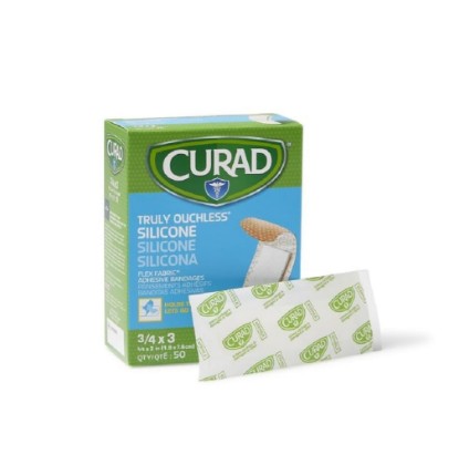 Picture of Curad Truly Ouchless Silicone Adhesive Bandages, Fabric Bandages, For Delicate Sensitive Skin, 3/4X3 (50 Count) [Amazon-developed Certification] Compact by Design
