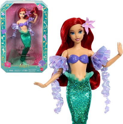 Picture of Mattel Disney Princess Mermaid Ariel Sparkling Fashion Doll | Posable Doll in Signature Look, Removable Tail & Sleeves, Long Hair & Hair Accessory, Inspired by Movie (Amazon Exclusive)
