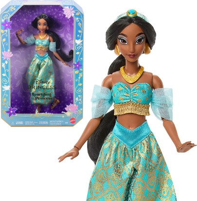 Picture of Mattel Disney Princess Jasmine Sparkling Fashion Doll | Posable Doll in Signature Look, Removable Outfit, Shoes, Necklace & Earrings, Inspired by Movie (Amazon Exclusive)