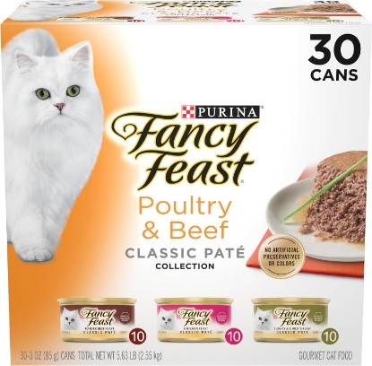 Picture of Purina Fancy Feast Classic Pate Wet Cat Food, 3 oz Cans, 30-Pack | Variety Pack, grain free recipes crafted with poultry and beef, made with no artificial colors or preservatives
