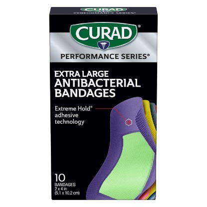 Picture of Curad Performance Series® Extra Large Antibacterial Bandages, Box of 10 | 2 in x 4 in Flexible Fabric Bandages for Cuts, Scrapes & Burns, Assorted Colors, Extreme Hold Adhesive Technology