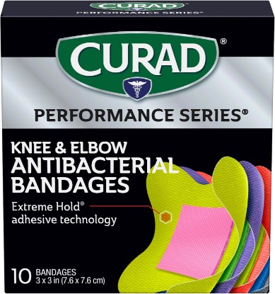 Picture of CURAD Performance Series Antibacterial Bandages, Elbows and Knees, 3" x 3", 10 Count