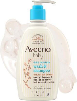 Picture of Aveeno Baby Daily Moisture Wash & Shampoo, Tear-Free, 12 fl. oz | 2-in-1 Baby Wash and Hair Shampoo with Oat Extract, For Sensitive Skin and Hair, No Added Parabens ECOLOGO