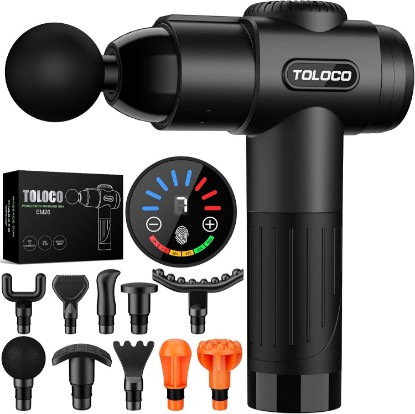 Picture of TOLOCO Massage Gun, Deep Tissue Back Massage for Athletes for Pain Relief, Percussion Massager with 10 Massages Heads & Silent Brushless Motor, Relaxation Gifts for Men Women, Black Global Recycled Standard ClimeCo Certified