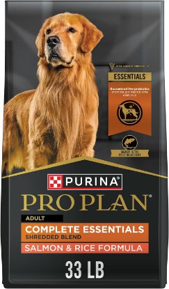 Picture of Purina Pro Plan Complete Essentials Salmon & Rice Dry Dog Food, 33 lb Bag | Shredded Blend crunchy kibble with tender pieces, real salmon as the first ingredient, live probiotics for digestive health