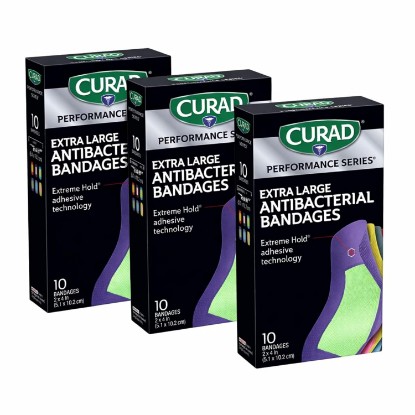 Picture of Curad Performance Series® Extra Large Antibacterial Bandages, 30 Count | 2 in x 4 in Flexible Fabric Bandages for Cuts, Scrapes & Burns, Assorted Colors, Extreme Hold Adhesive Technology, 3 Boxes