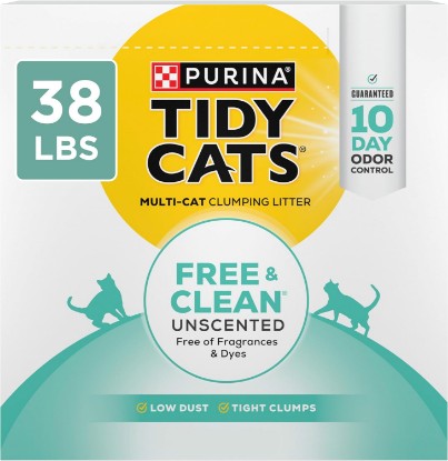 Picture of Purina Tidy Cats Free and Clean Unscented Clumping Cat Litter, 38 lb Box | Activated charcoal delivers lasting odor control, made without fragrances or dye, clumping