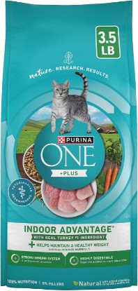 Picture of Purina ONE Indoor Advantage Weight Control Dry Cat Food, 3.5 lb Bag | Made with real turkey and 10% less fat, plus antioxidants and fiber to help minimize hairballs and aid in weight control