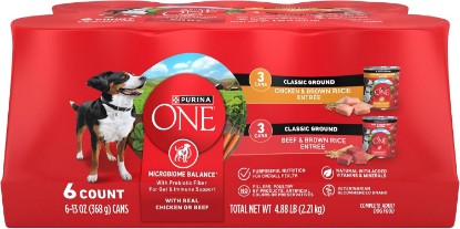 Picture of Purina ONE Wet Dog Food Variety Pack, Classic Ground, (6) 13 oz Cans | Two ground entrees, Chicken & Brown Rice and Beef & Brown Rice, with complete and balanced adult nutrition and no fillers