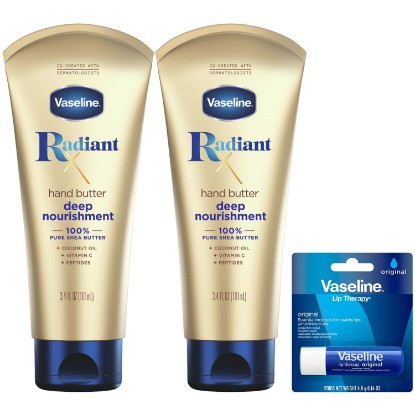 Picture of Vaseline Lotion, Radiant X Deep Nourishment Hand Butter 2-Pack for Dry Skin + Original Vaseline Lip Therapy Stick for Dry Lips with Petroleum Jelly (3 Piece Set)