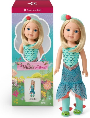 Picture of American Girl WellieWishers 14.5-inch Camille Doll with Blue Leotard, Mermaid Skirt, Headband, and Boots, For Ages 4+
