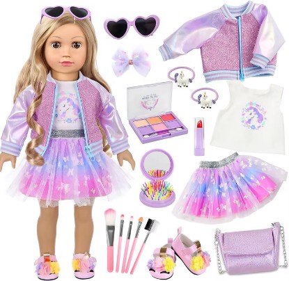 Picture of ZQDOLL American 18 Inch Doll Makeup Accessories and Clothes Set (No Dolls) | Includes Clothes and Shoes Bag Makeup Brush Set Foldable Haircomb Eyeshadow Lipstick Bow Hair Clip Sunglasses Hair Rope