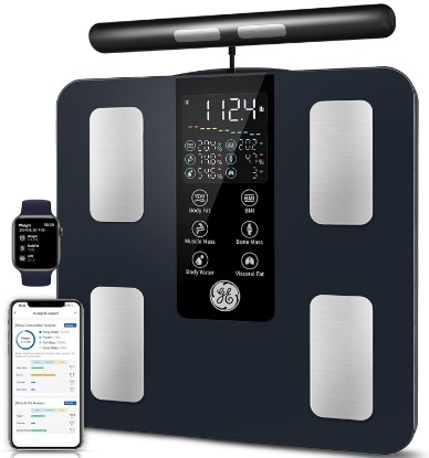 Picture of GE Smart Scale for Body Weight: Full Body Composition Analyzer, 50+ Metrics | 8-Electrode Digital Bathroom Scale for Body Weight Fat BMI Muscle Mass Bluetooth, Accurate Weighing Machine 400lb, Black ClimeCo Certified